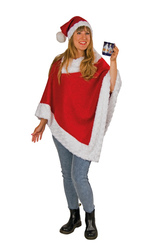 Weihnachtsponcho und Mütze, roter Wollstoff