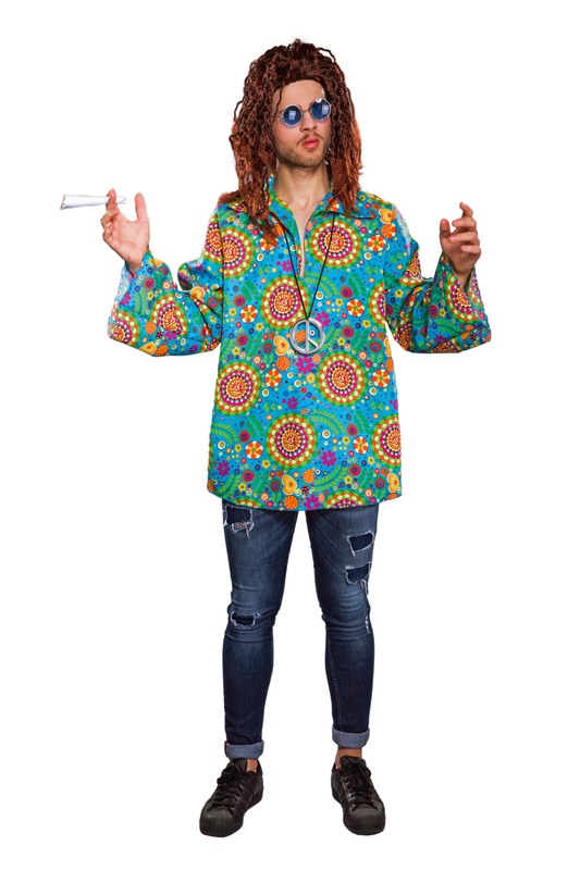 Herren-Hippiehemd, blau, bunte Kreise