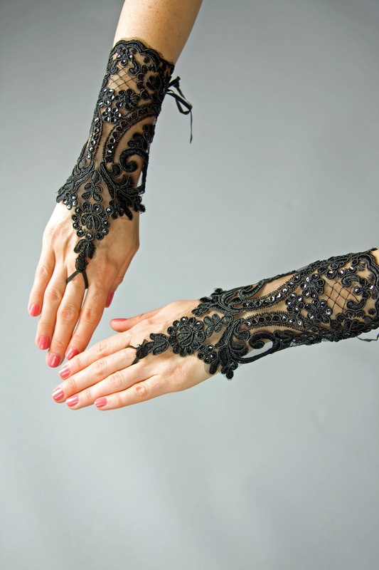 fingerlose Spitzenhandschuhe, schwarz
